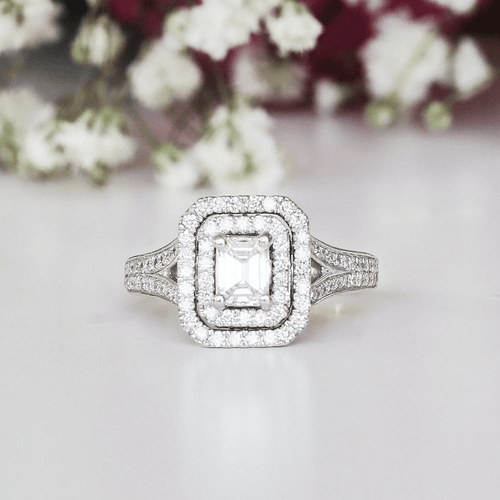 Love by Michelle Beville Emerald Double Halo Solitaire Ring with 1.00tw of Diamonds in 18kt White Gold Rings Bevilles 