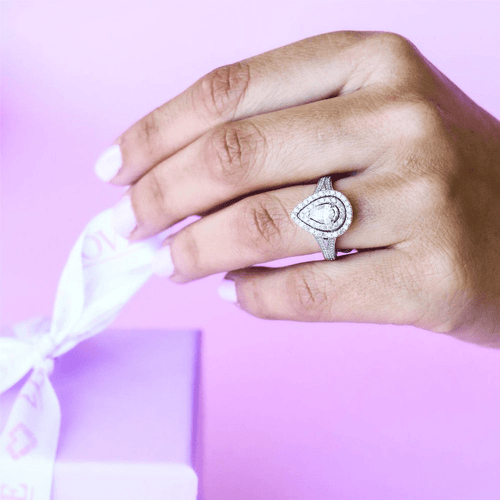 Love by Michelle Beville Double Halo Solitaire Pear Ring with 1.00tw of Diamonds in 18kt White Gold Rings Bevilles 