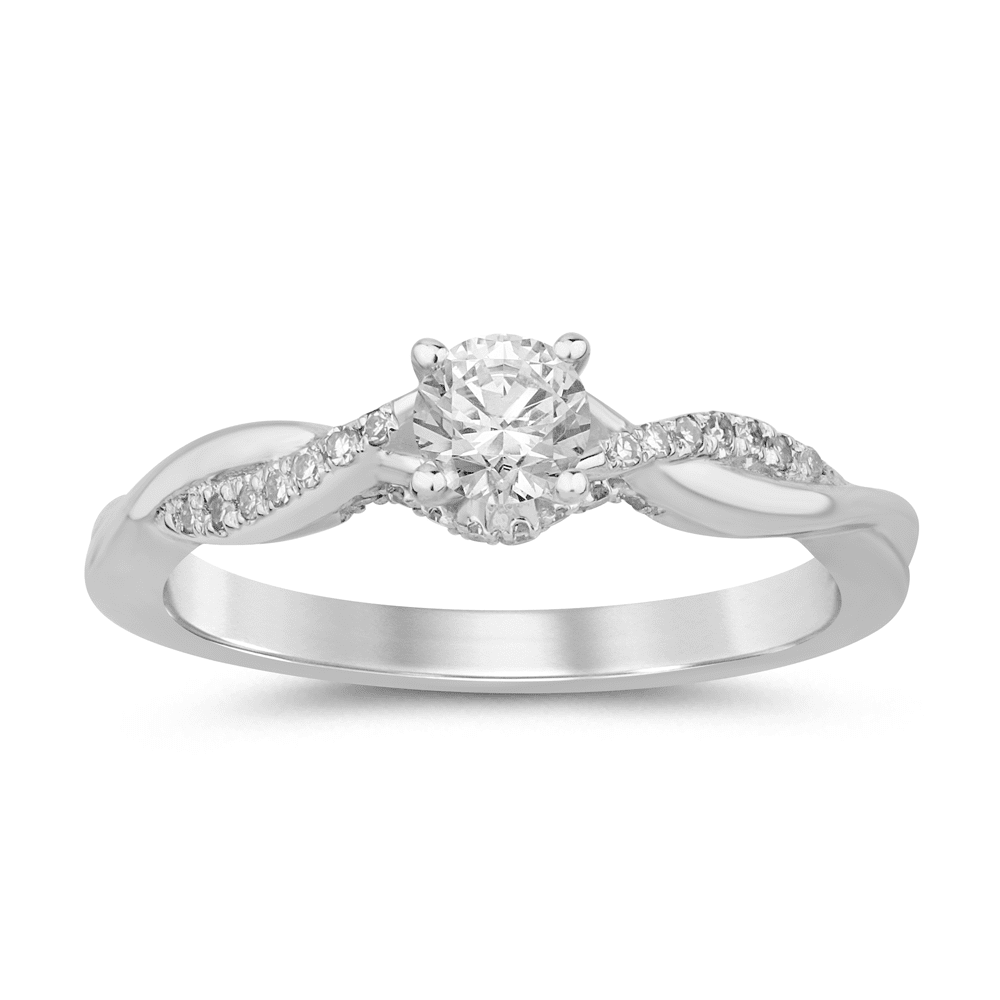Meera Round Brilliant Claw Solitaire Ring with 0.40ct of Laboratory Grown Diamonds and Plait Shoulder in 9ct White Gold Rings Bevilles 