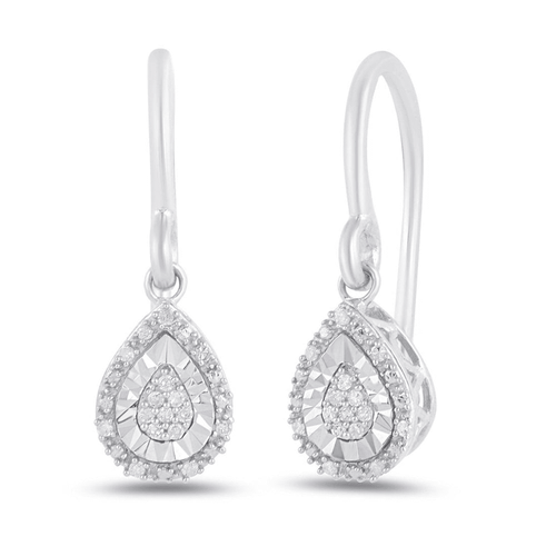 Diamond Set Pear Halo Drop Earrings in Sterling Silver Earrings Bevilles 