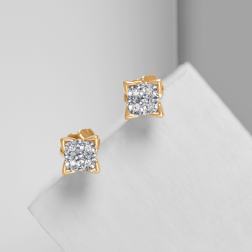 Diamond Set Miracle Square Stud Earrings in 9kt Yellow Gold Earrings Bevilles 