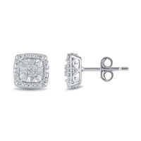 Diamond Set Miracle Square Halo Stud Earrings in Sterling Silver Earrings Bevilles 