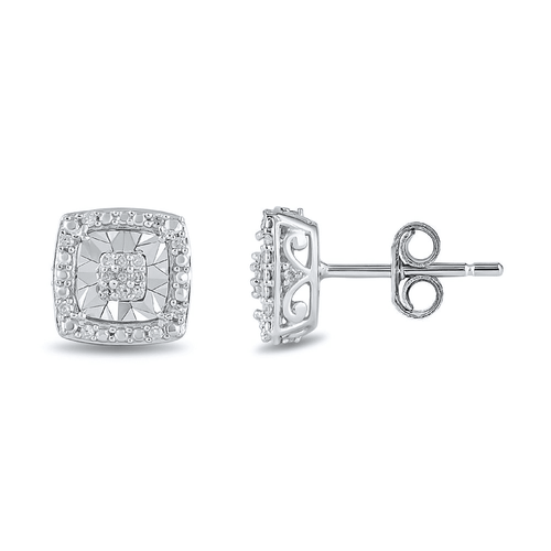 Diamond Set Miracle Square Halo Stud Earrings in Sterling Silver Earrings Bevilles 