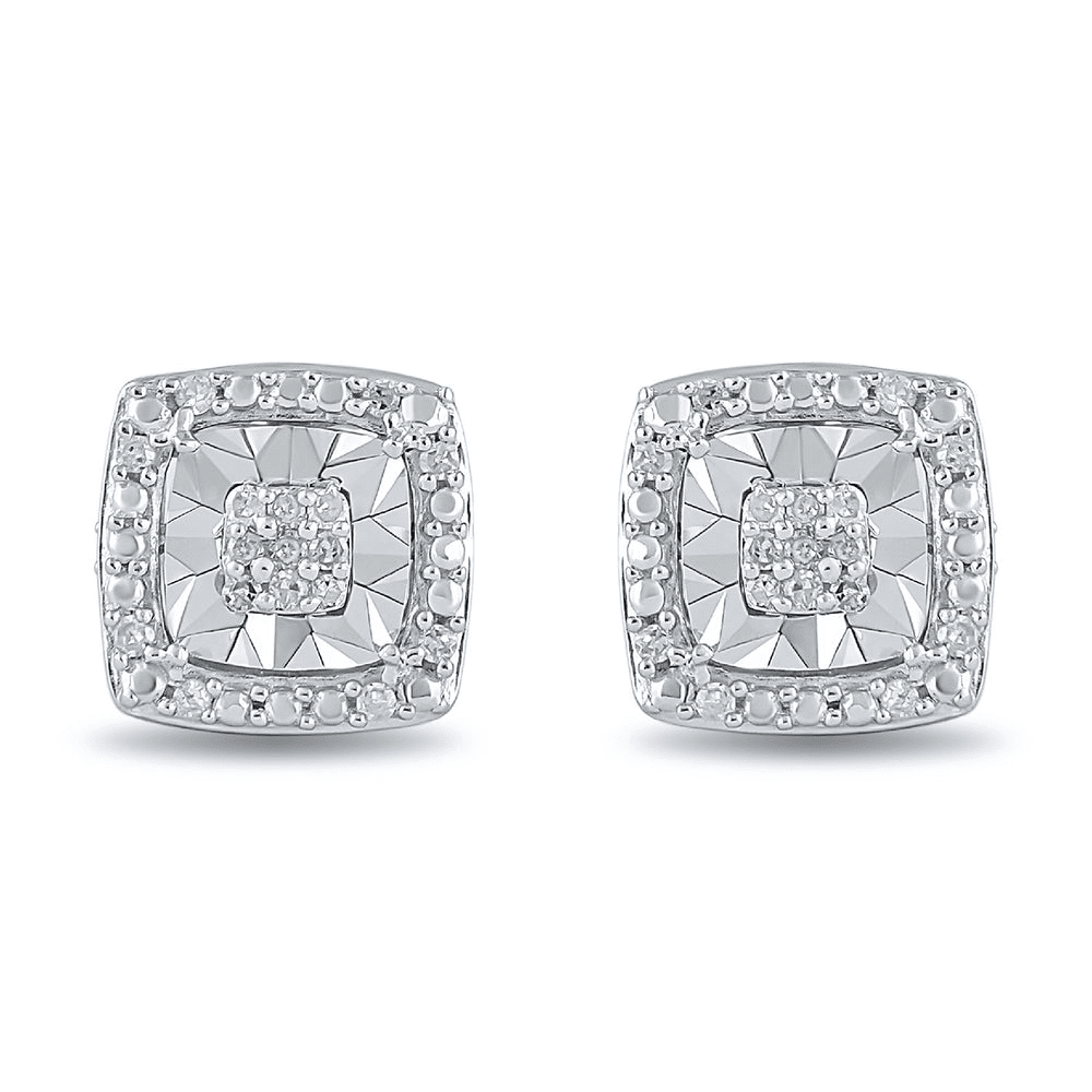 Diamond Set Miracle Square Halo Stud Earrings in Sterling Silver Earrings Bevilles 