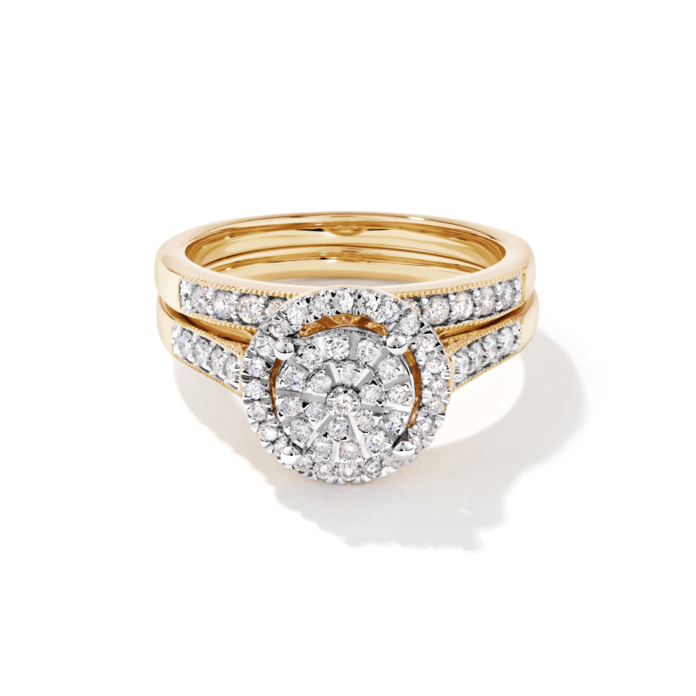 Solitaire Look Halo Ring and Anniversary Band Set with 0.50tw of Diamonds in 9kt Yellow Gold Rings Bevilles 