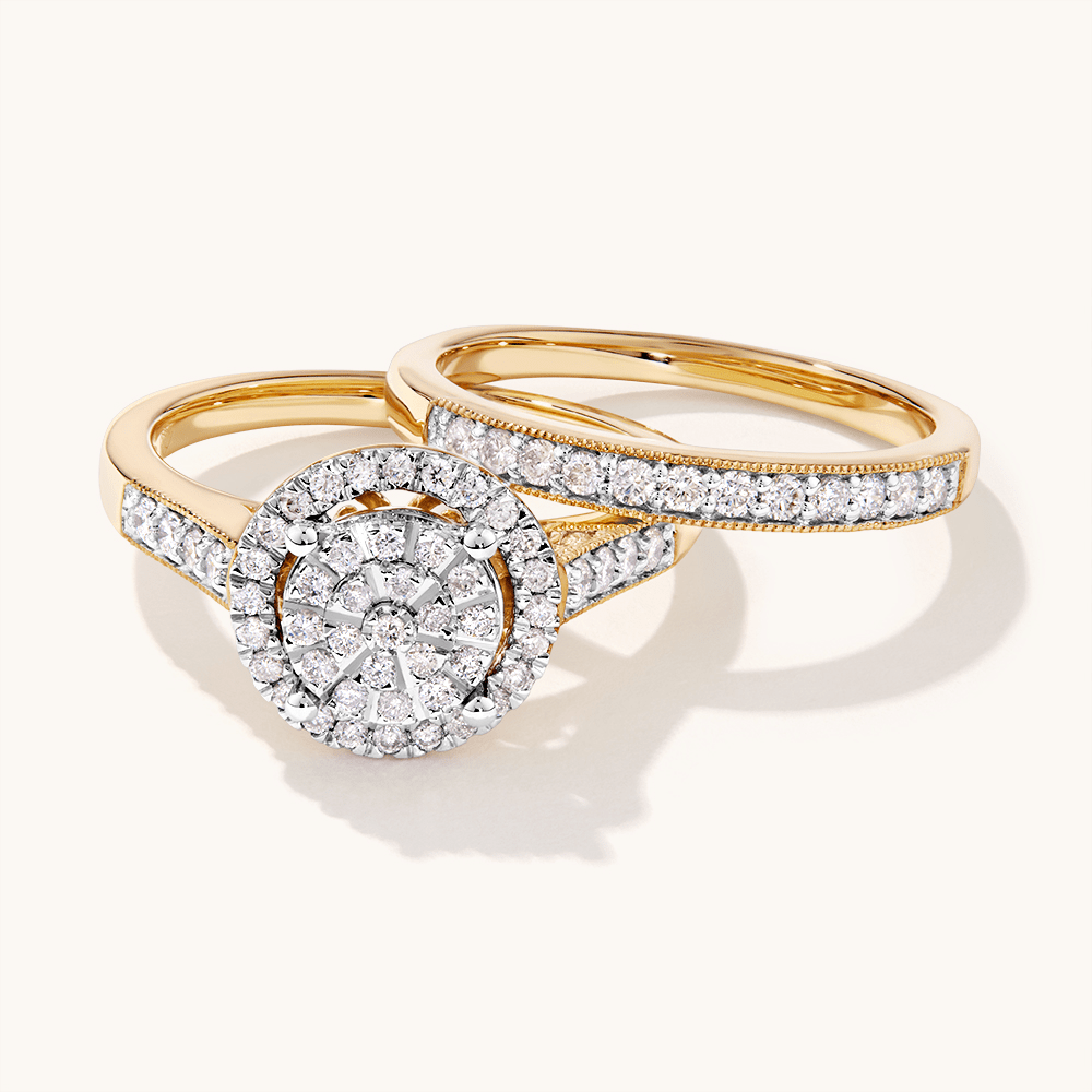 Solitaire Look Halo Ring and Anniversary Band Set with 0.50tw of Diamonds in 9kt Yellow Gold Rings Bevilles 