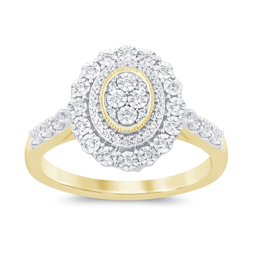 Oval Shape Double Halo Ring with 0.15tw of Diamonds in 9kt Yellow Gold Rings Bevilles 