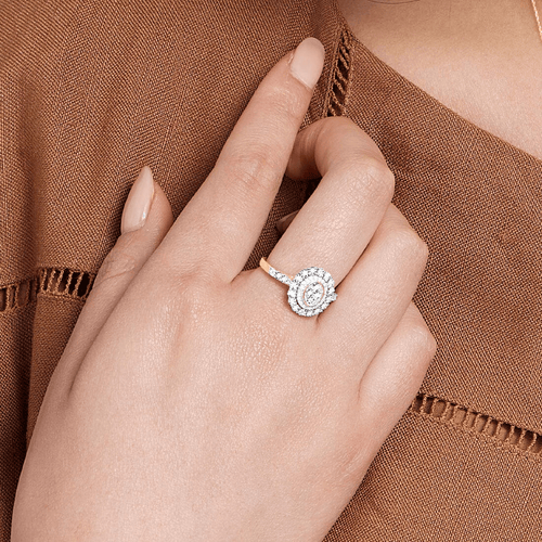 Oval Shape Double Halo Ring with 0.15tw of Diamonds in 9kt Yellow Gold Rings Bevilles 