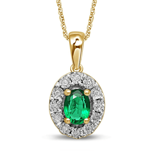9ct Yellow Gold Created Emerald & Diamond Necklace Bevilles Jewellers 