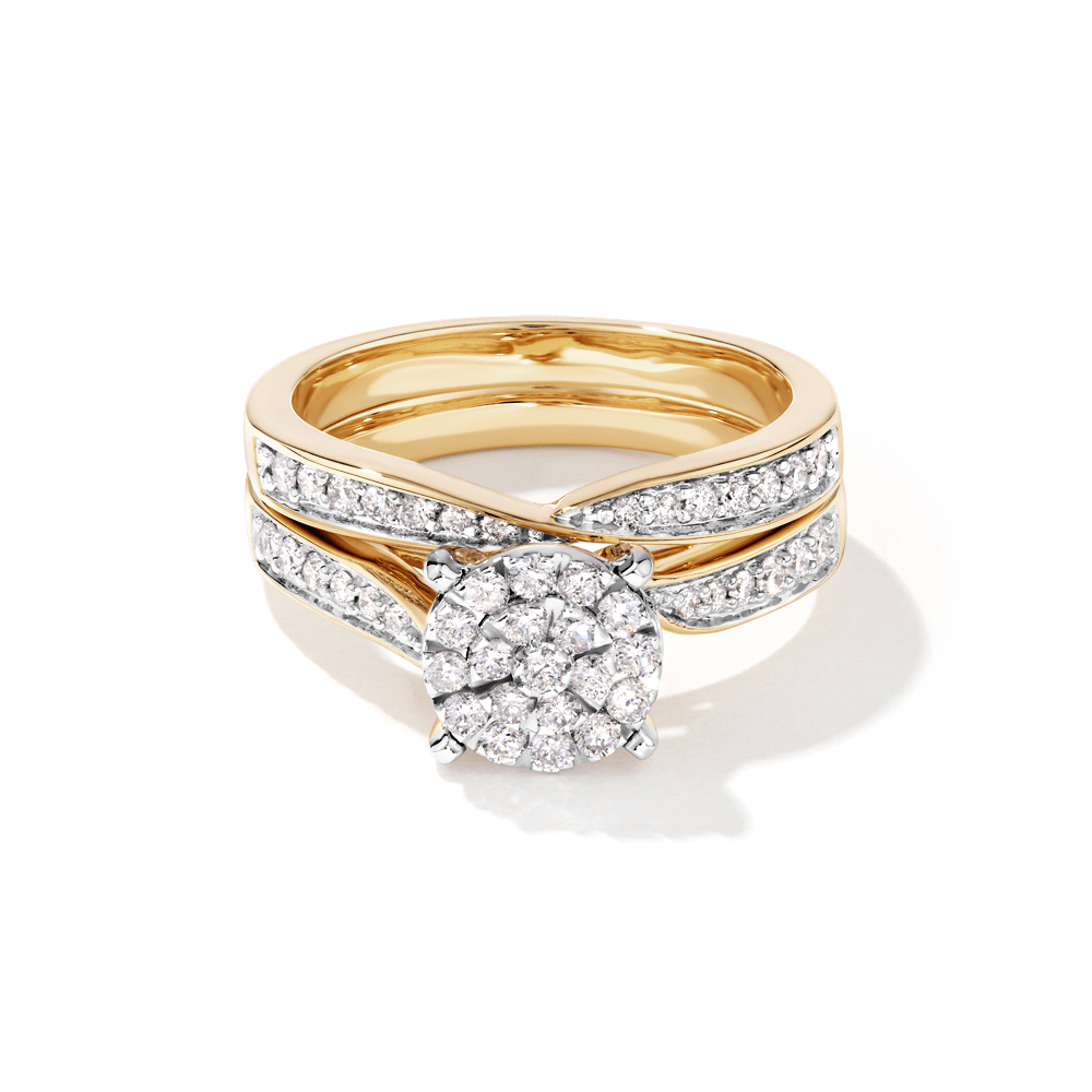 Cluster Solitaire and Crossover Anniversary Ring Set with 0.50tw of Diamonds in 9kt Yellow Gold Rings Bevilles 