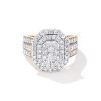 Meera Double Halo Emerald Shaped Ring with 1.50tw of Laboratory-Grown Diamonds in 9kt Yellow Gold Rings Bevilles 