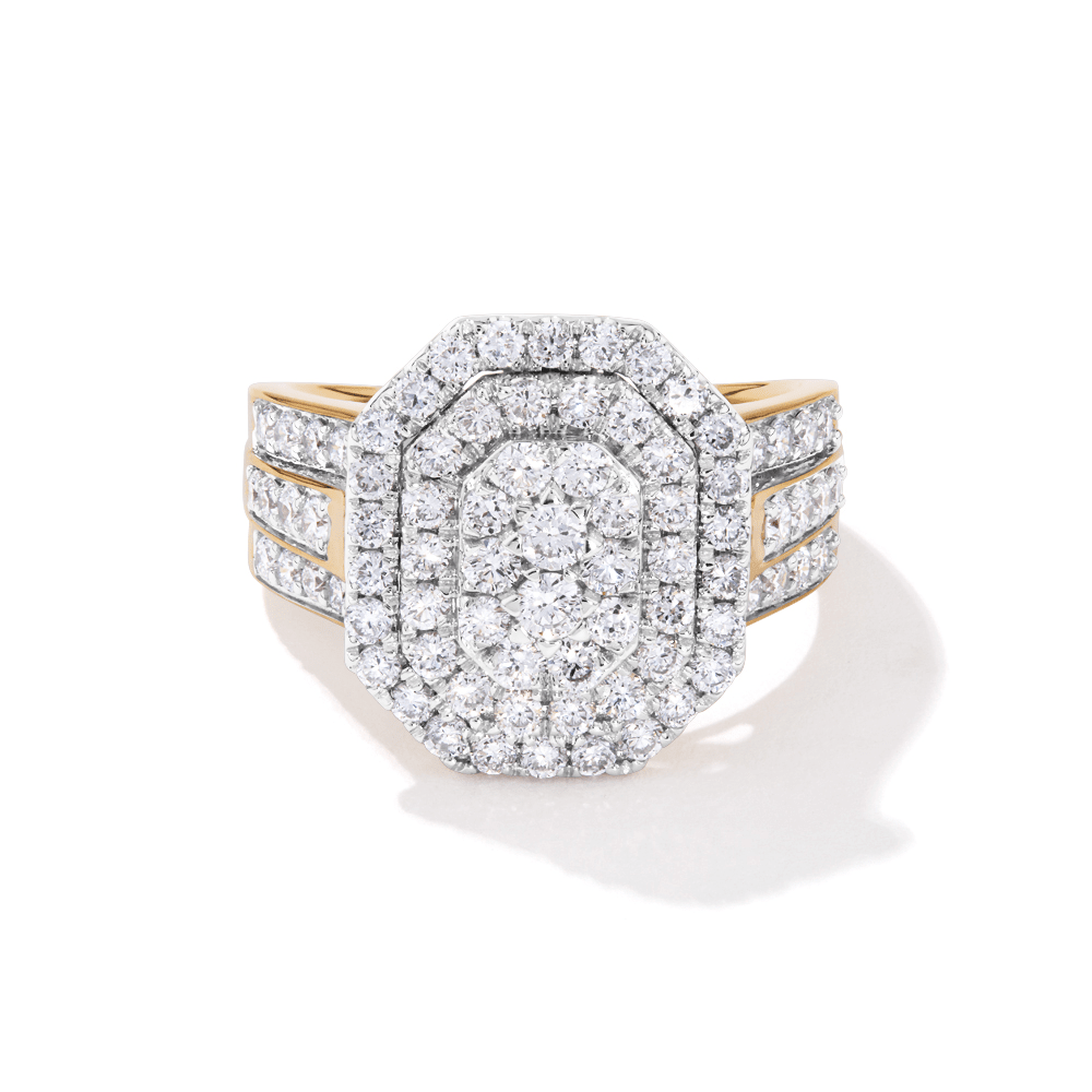 Meera Double Halo Emerald Shaped Ring with 1.50tw of Laboratory-Grown Diamonds in 9kt Yellow Gold Rings Bevilles 