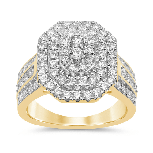 Meera Double Halo Emerald Shaped Ring with 1.50tw of Laboratory-Grown Diamonds in 9kt Yellow Gold Rings Bevilles 
