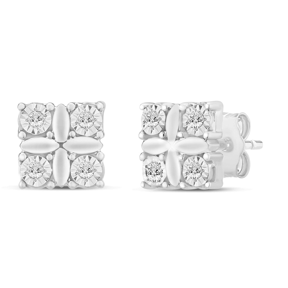 Miracle Surround Square Shaped Stud Earrings with 0.05tw of Diamonds in Sterling Silver Earrings Bevilles 