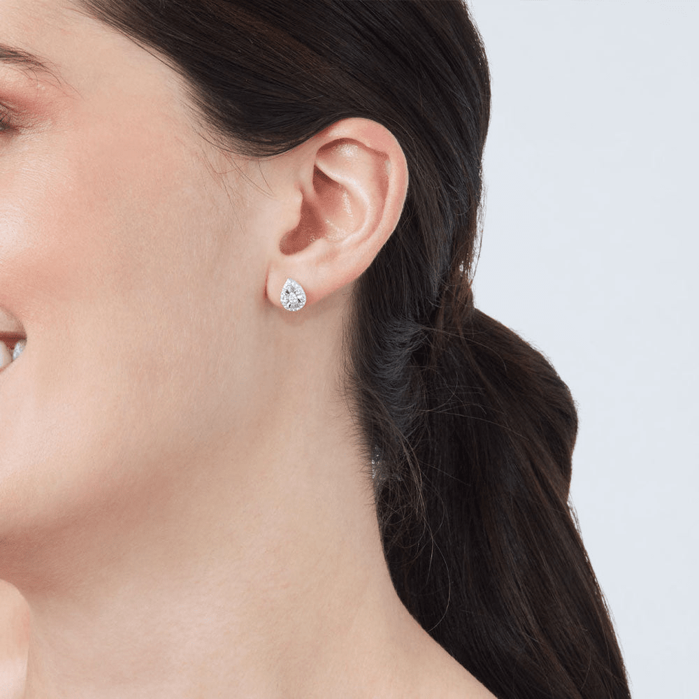Diamond Set Miracle Pear Halo Stud Earrings in Sterling Silver Earrings Bevilles 