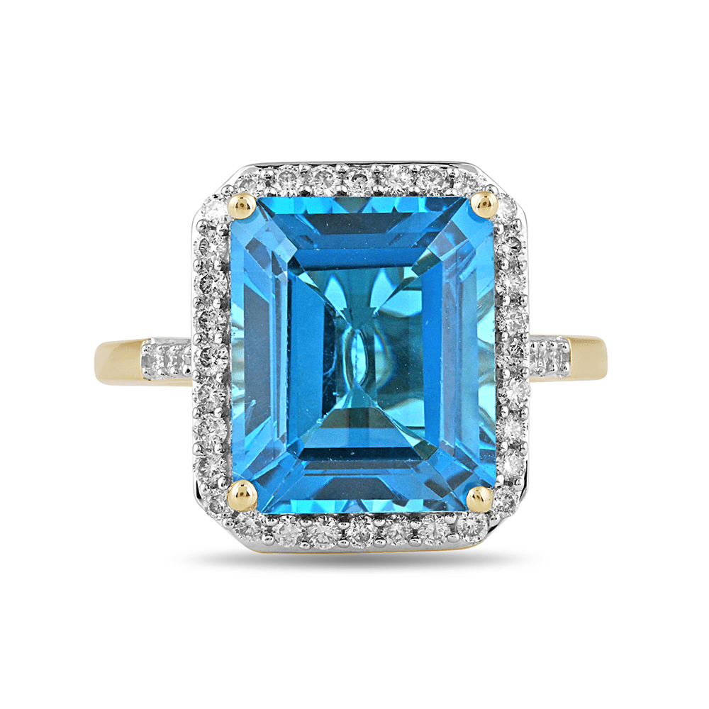 Emerald Shape Blue Topaz Ring with 1/3ct of Diamonds in 9ct Yellow Gold Rings Bevilles 