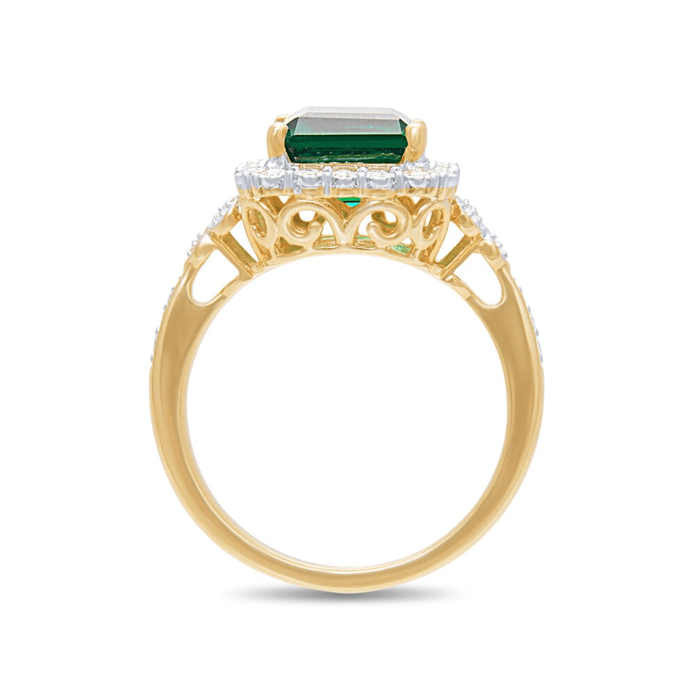 Created Emerald Halo Shoulder Ring with 0.15tw of Diamonds in 9kt Yellow Gold Rings Bevilles 