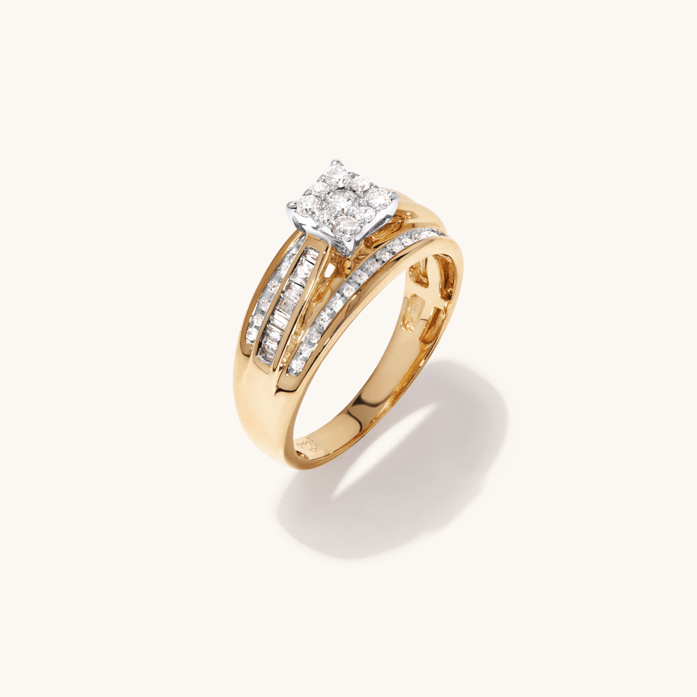 Cluster Square Shoulder Ring with 0.50tw of Diamonds in 9kt Yellow Gold Rings Bevilles 
