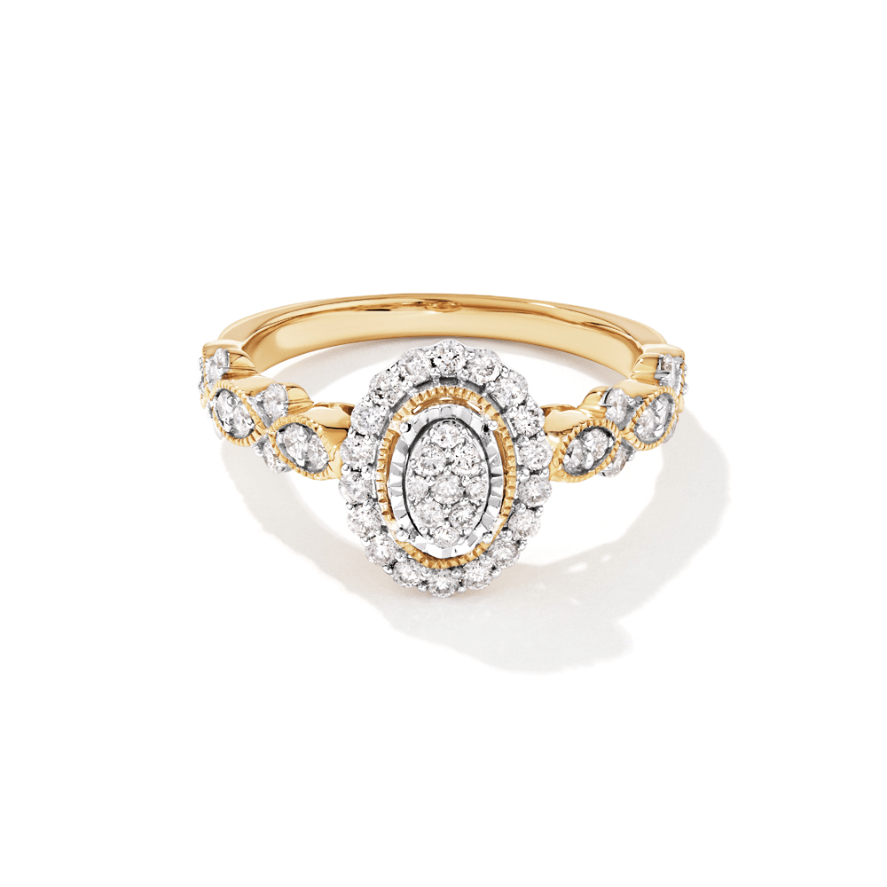 Oval Halo Shoulder Ring with 0.50tw of Diamonds in 9kt Yellow Gold Rings Bevilles 