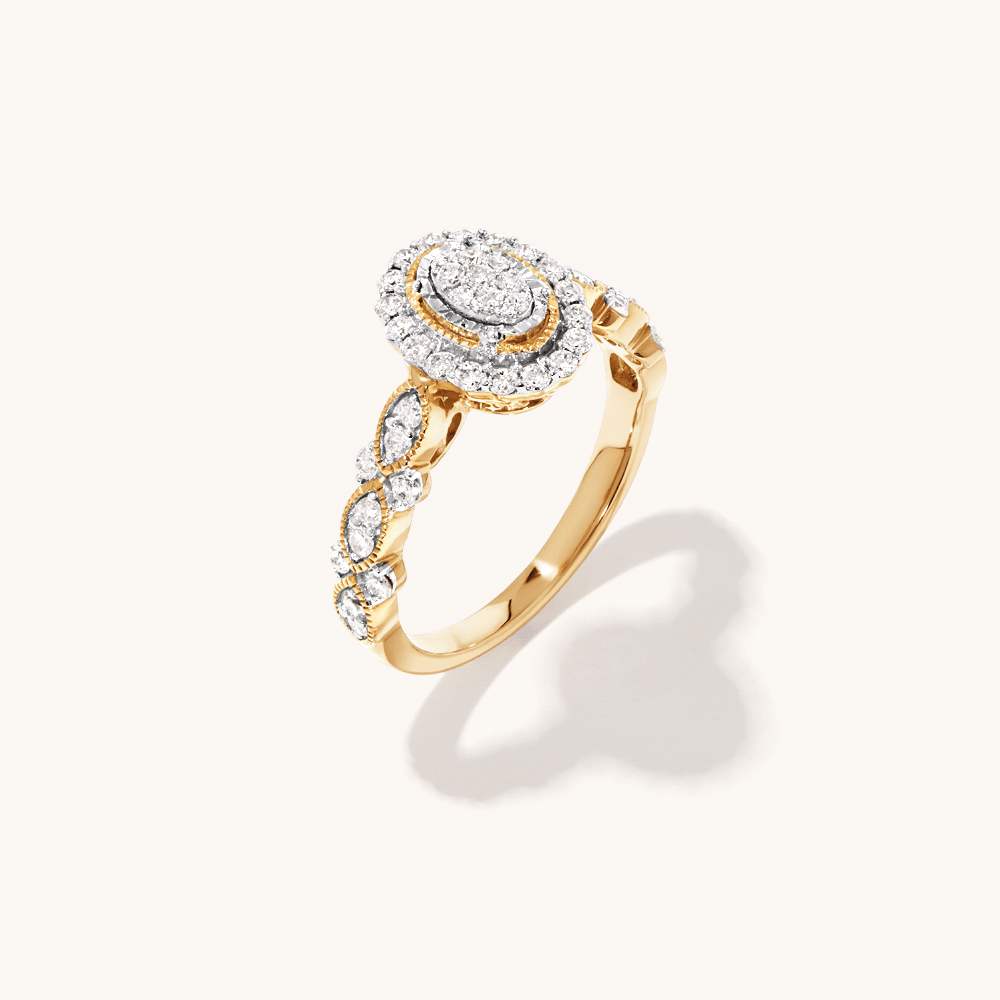 Oval Halo Shoulder Ring with 0.50tw of Diamonds in 9kt Yellow Gold Rings Bevilles 