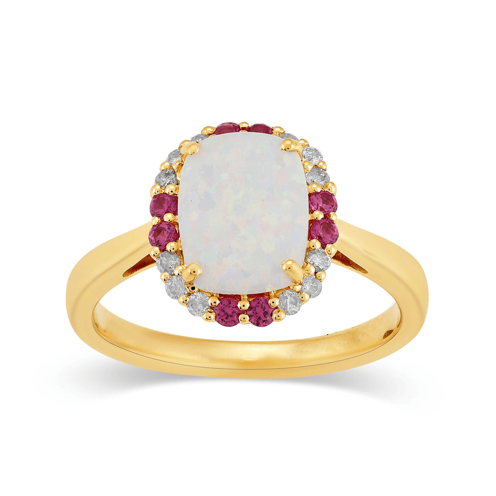Cushion Created Opal Ring with 0.10tw of Diamonds in 9kt Yellow Gold Rings Bevilles 
