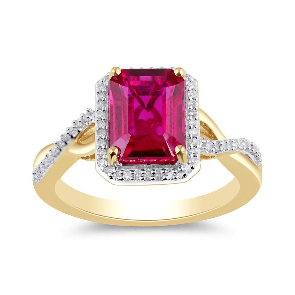 Emerald Cut Created Ruby Halo Ring with 0.15tw of Diamonds in 9kt Yellow Gold Rings Bevilles 