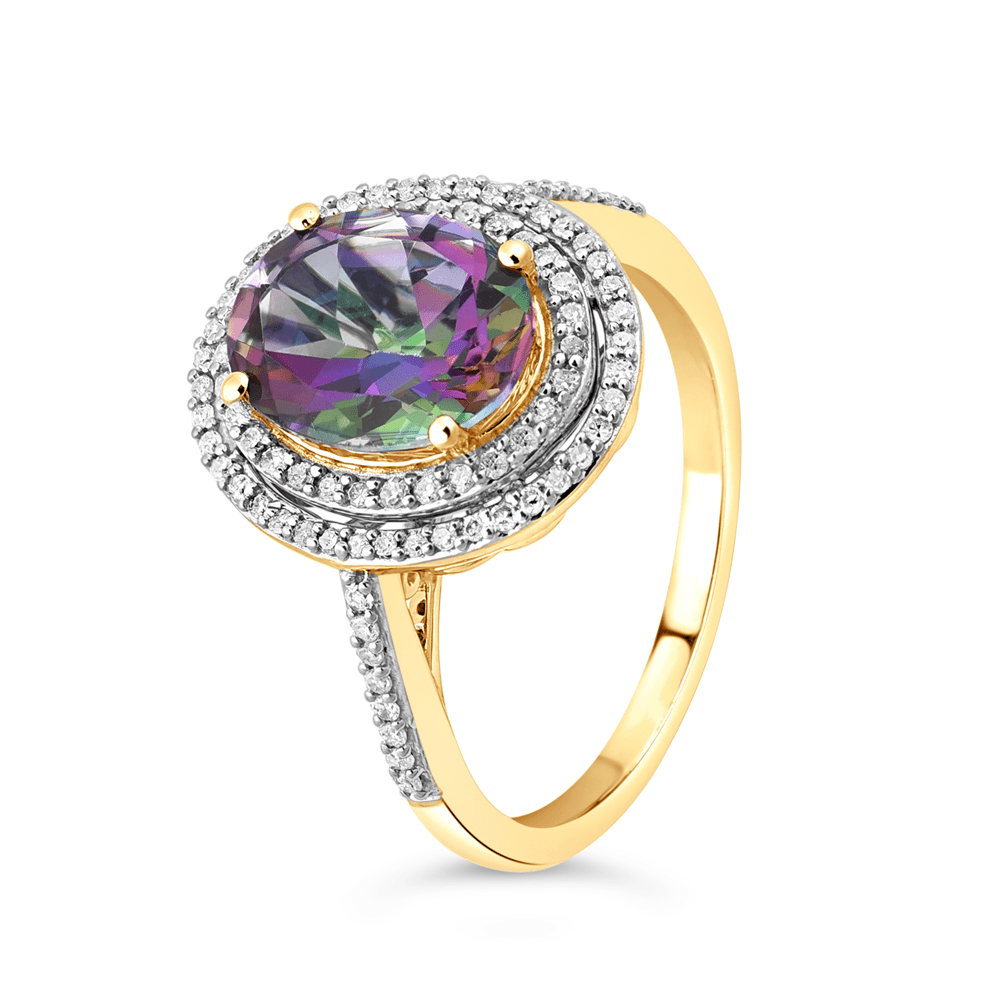 Mystic Topaz Halo Ring with 0.25tw of Diamonds in 9kt Yellow Gold Rings Bevilles 