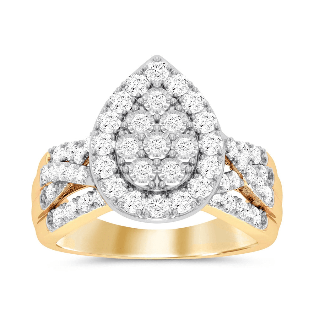 Pear Halo Ring with 1.00tw of Diamonds in 9kt Yellow Gold Rings Bevilles 