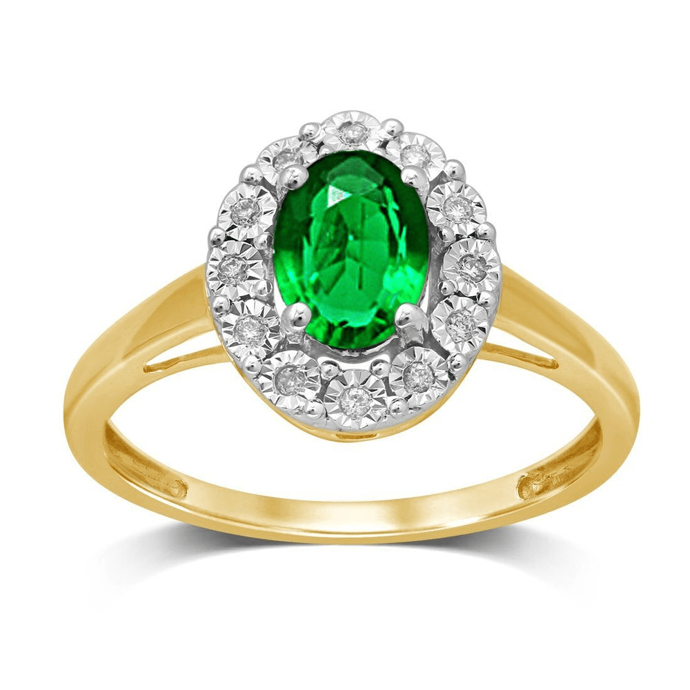 Oval Cut Created Emerald and Diamond Halo Ring in 9kt Yellow Gold Rings Bevilles 