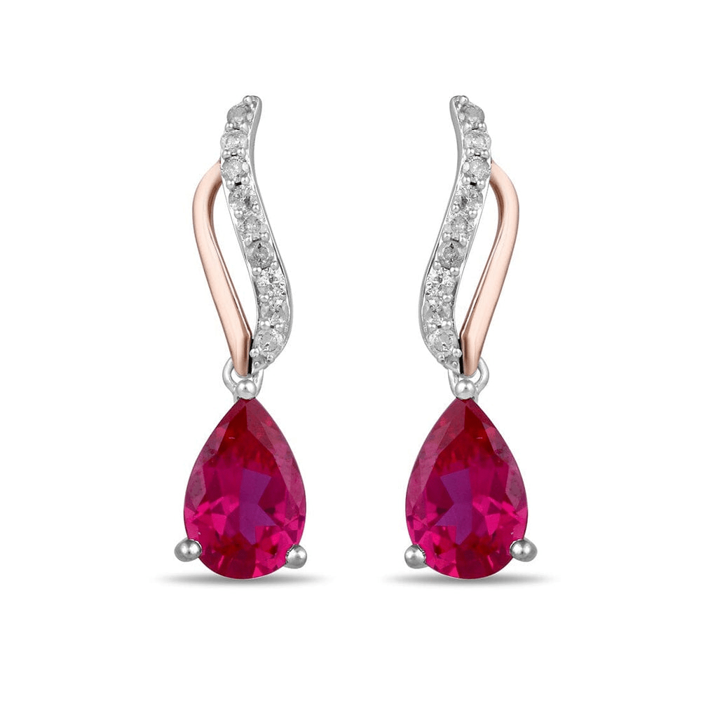 Pear Cut Created Ruby Teardrop Stud Earrings with 0.15tw of Diamonds in Sterling Silver and 9kt Rose Gold Earrings Bevilles 