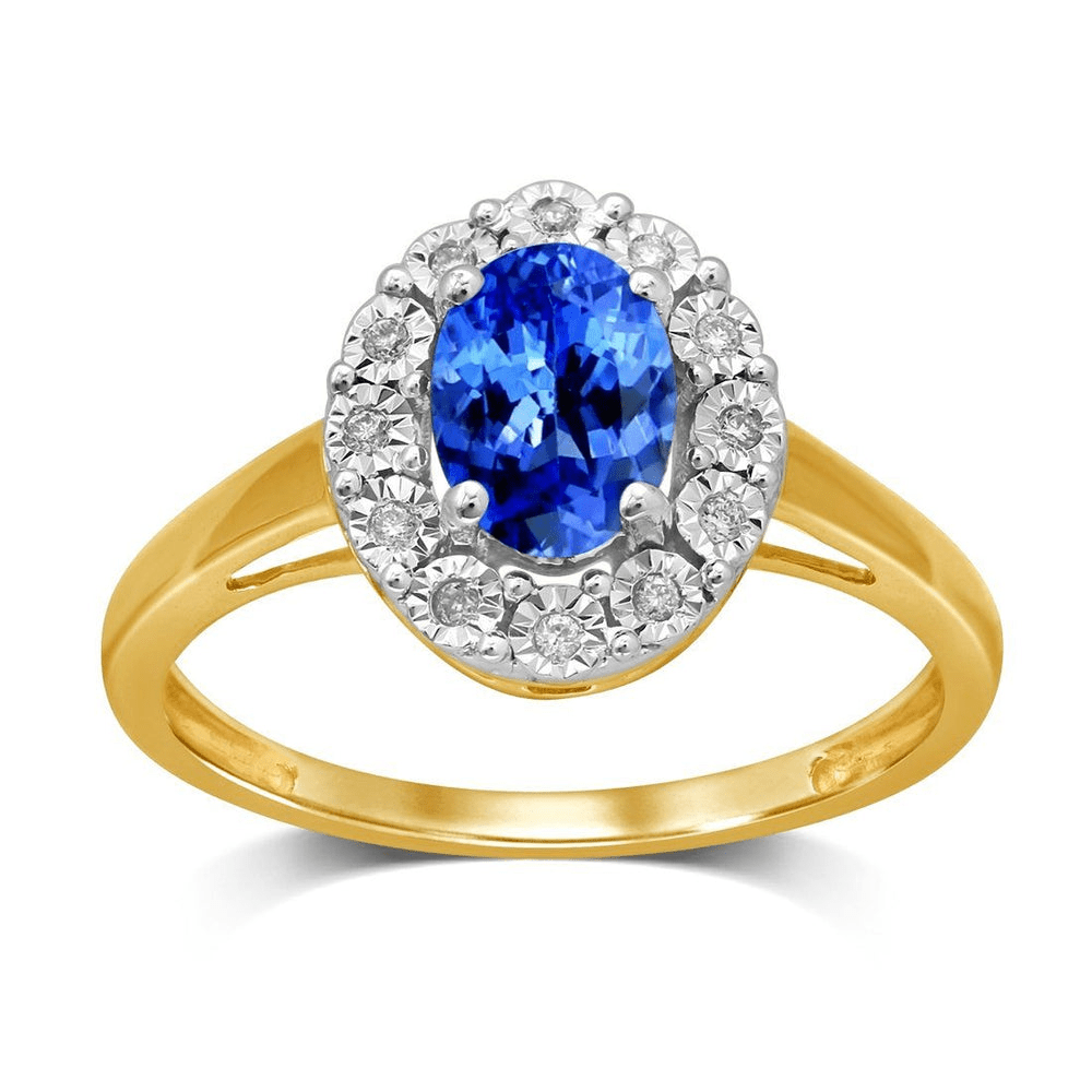 Oval Tanzanite and Diamond Set Halo Ring in 9kt Yellow Gold Rings Bevilles 