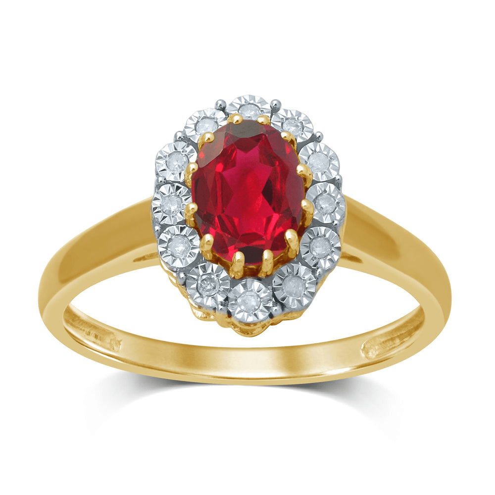 Diamond Set Oval Created Ruby Ring in 9kt Yellow Gold Rings Bevilles 