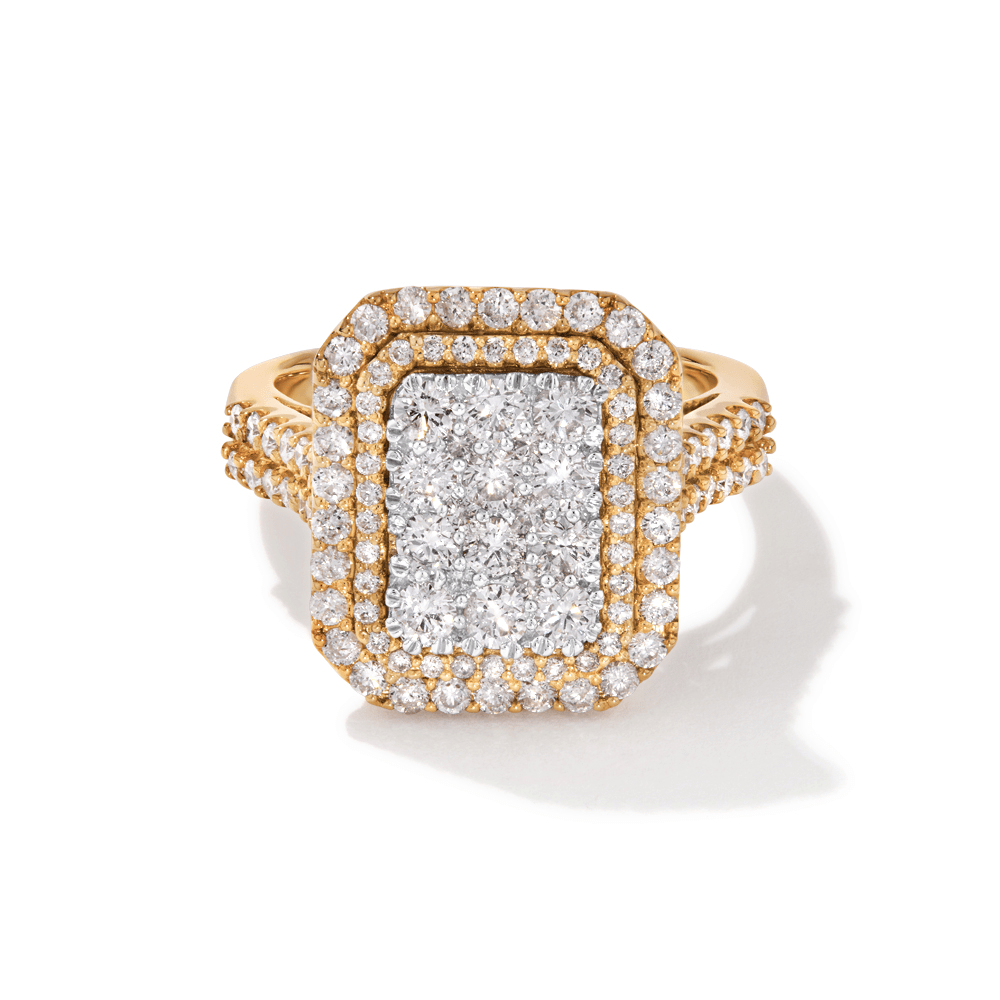 Emerald Shape Cluster Ring with 1.50tw of Diamonds in 9kt Yellow Gold Rings Bevilles 