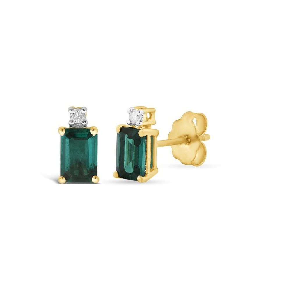 Diamond Set Created Emerald Stud Earrings in 9kt Yellow Gold Earrings Bevilles 