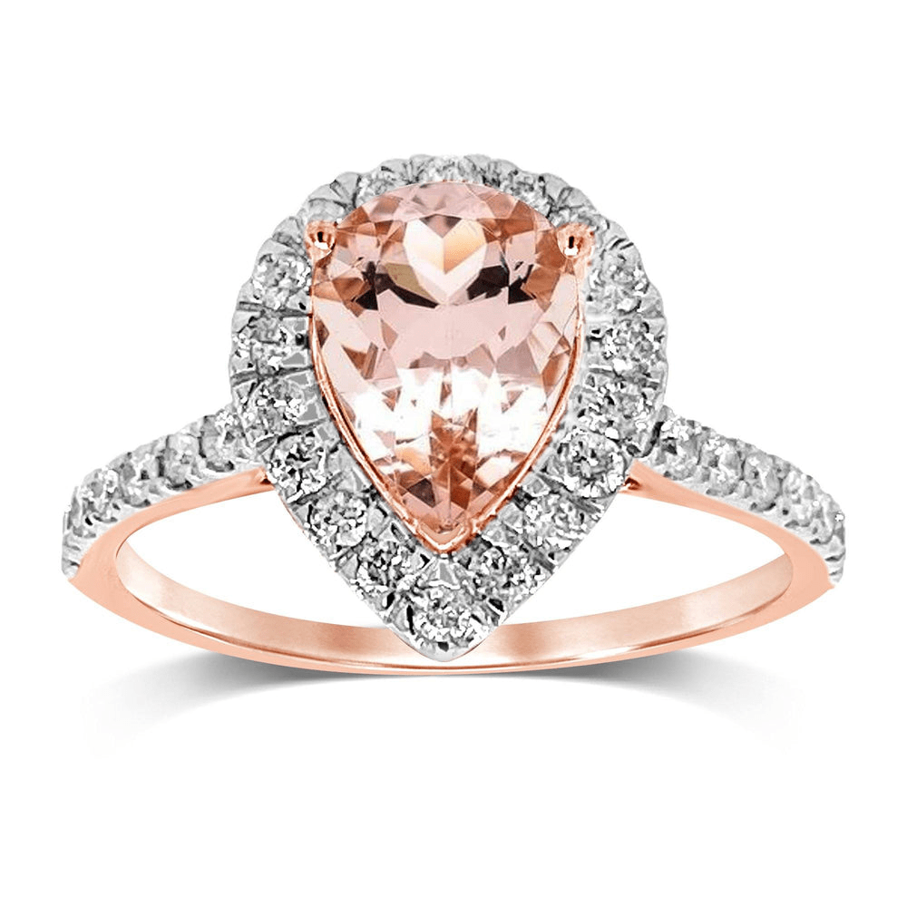 Pear Cut Morganite Halo Ring with 1.25tw of Diamonds in 9kt Rose Gold Rings Bevilles 