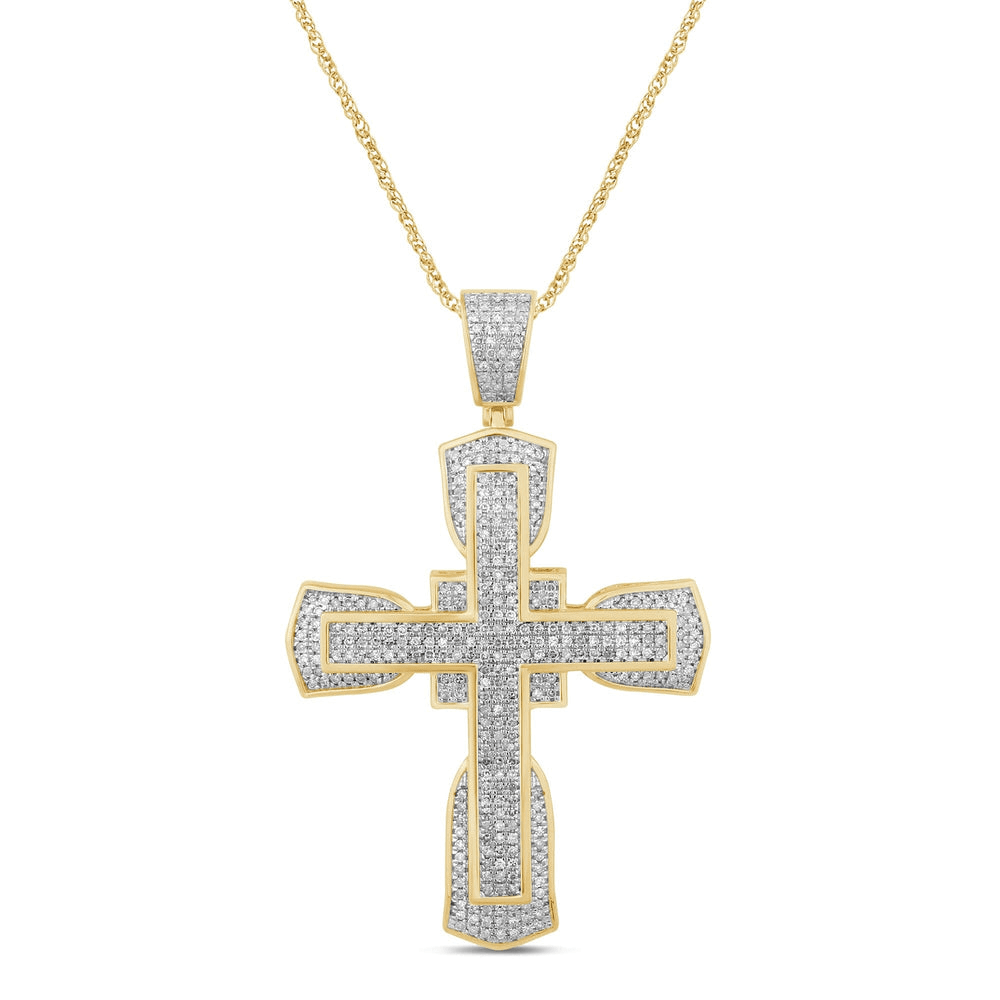Fancy Pave Cross Necklace with 1.00ct of Diamonds in 9ct Yellow Gold Bevilles Jewellers 
