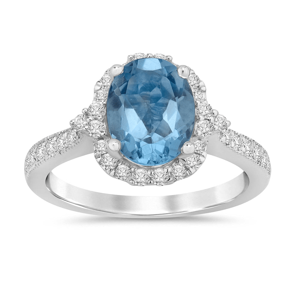 Facets of Love Oval Created Aquamarine Ring with 1/3ct of Diamonds in 18kt White Gold Rings Bevilles 
