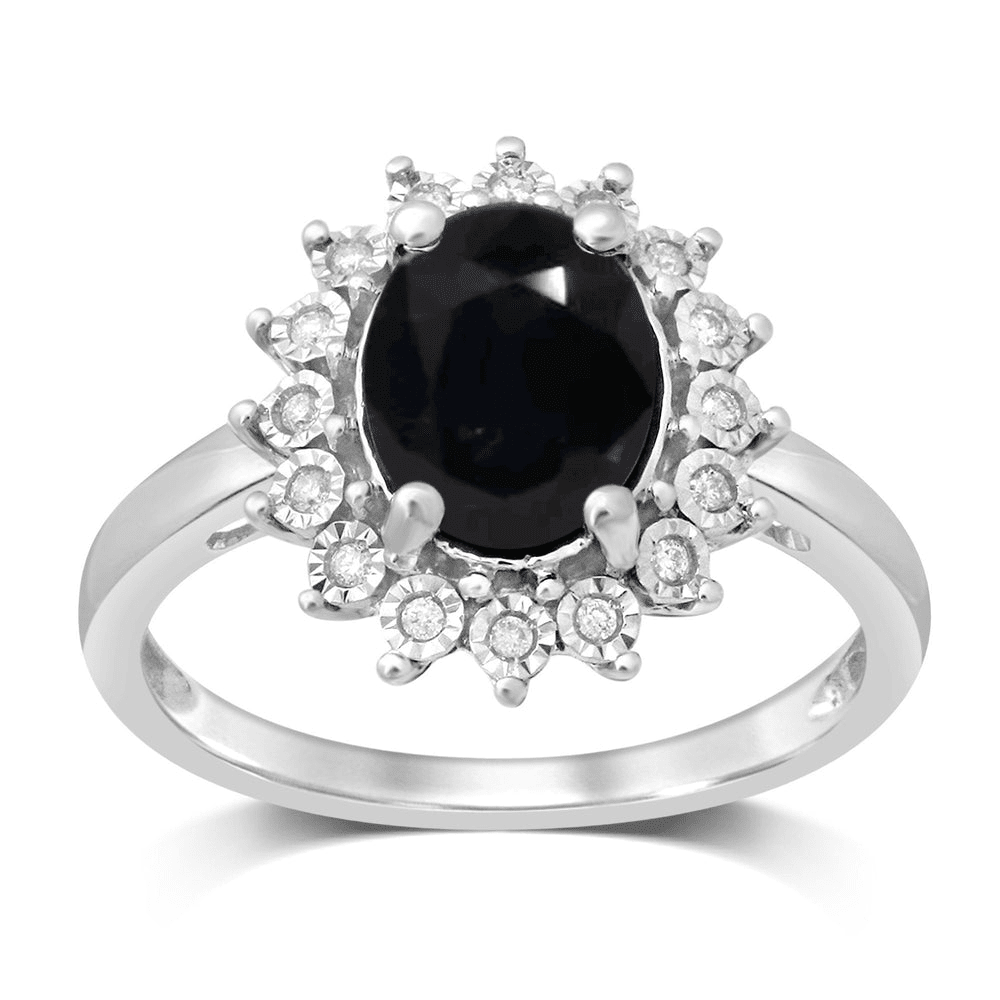 Oval Created Sapphire Ring with 0.10tw of Diamonds in Sterling Silver Rings Bevilles 