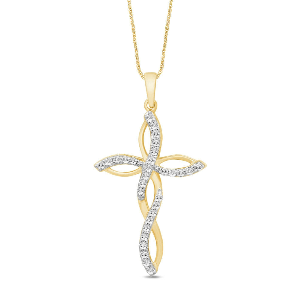 Plait Cross Necklace with 1/5ct of Diamonds in 9ct Yellow Gold Bevilles Jewellers 