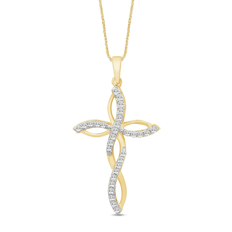 Plait Cross Necklace with 1/5ct of Diamonds in 9ct Yellow Gold Bevilles Jewellers 