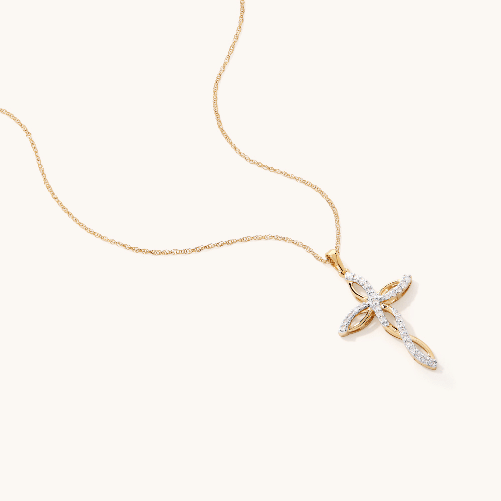 45cm Plait Cross Pendant Necklace with 0.20tw of Diamonds in 9kt Yellow Gold Pendants Bevilles 