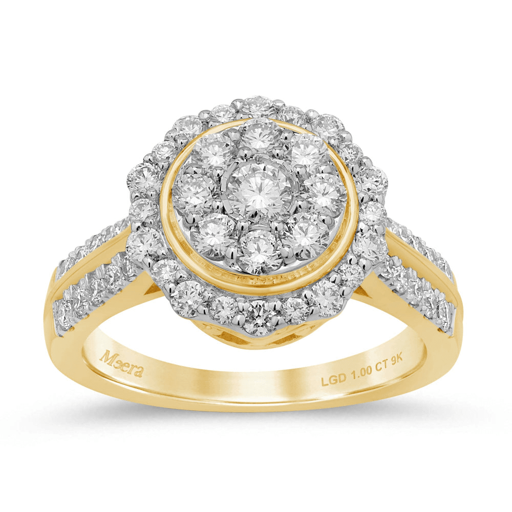 Meera Halo Round Look Ring with 1.00tw of Laboratory-Grown Diamonds in 9kt Yellow Gold Rings Bevilles 