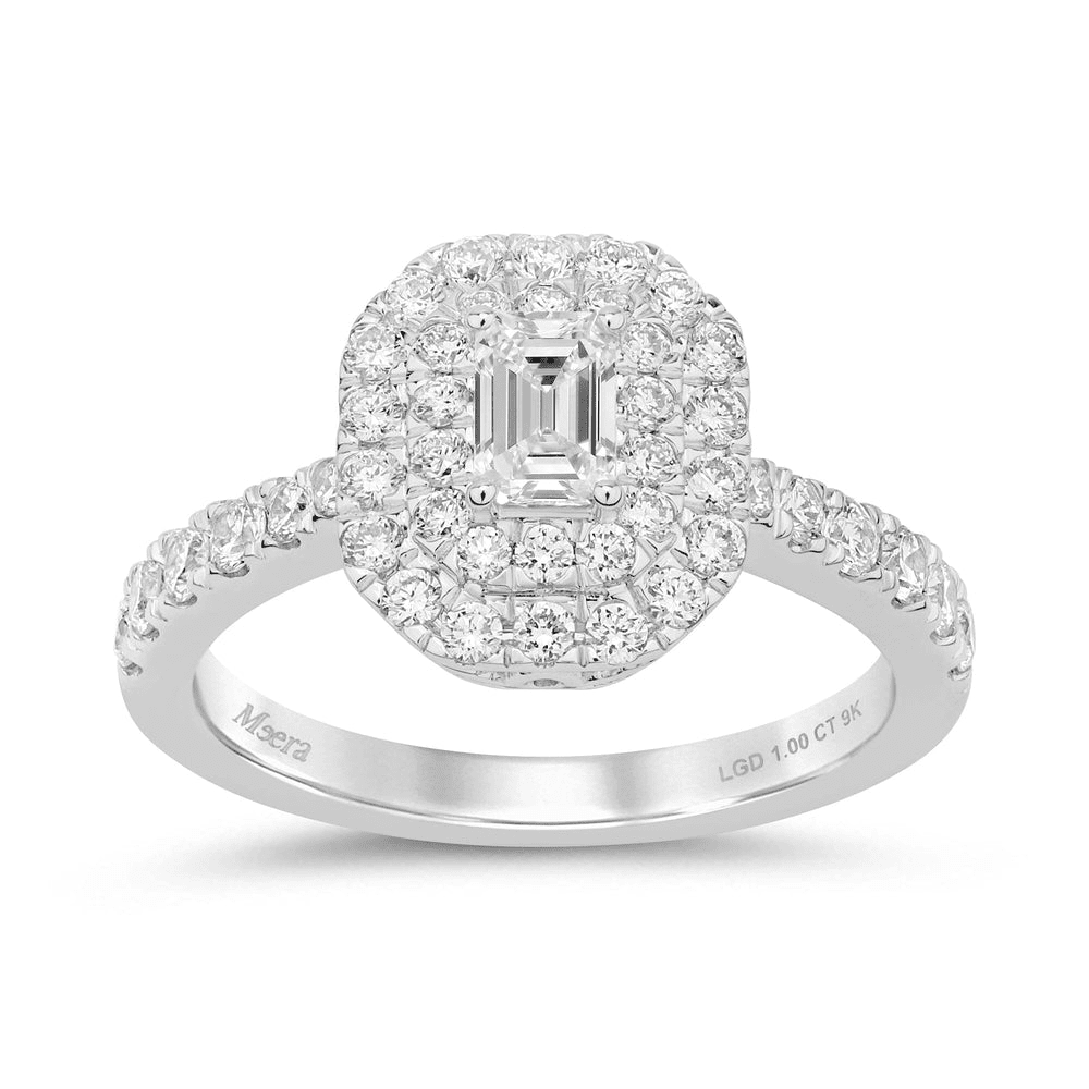 Meera Double Emerald Halo Ring with 1.00tw of Laboratory-Grown Diamonds in 9kt White Gold Rings Bevilles 