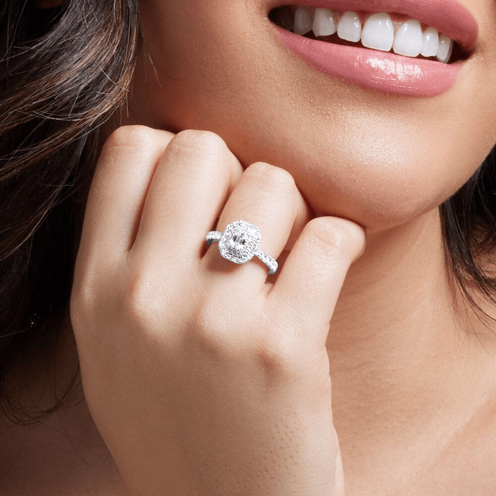 Meera Double Emerald Halo Ring with 1.00tw of Laboratory-Grown Diamonds in 9kt White Gold Rings Bevilles 