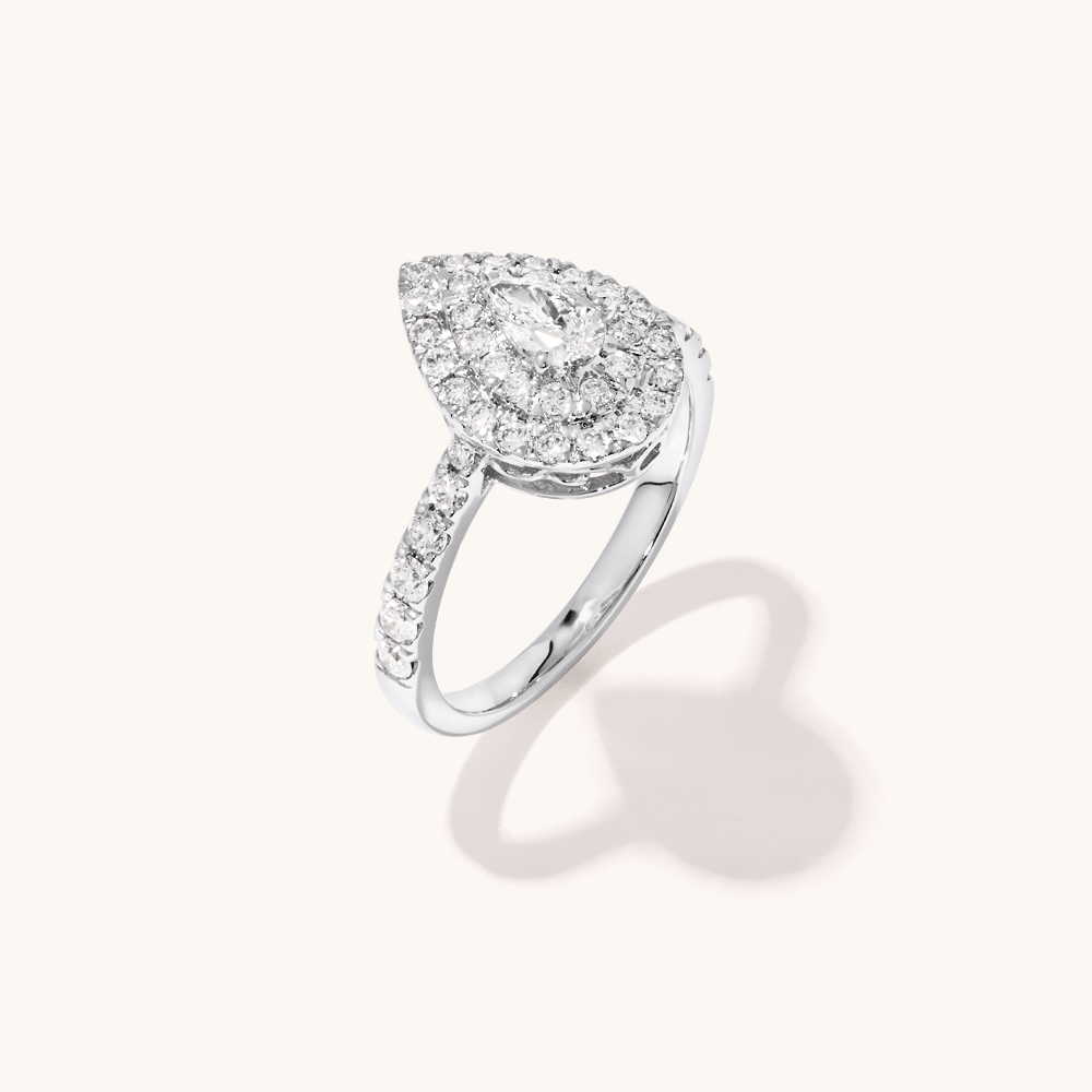 Meera Double Pear Halo Ring with 1.00tw of Laboratory-Grown Diamonds in 9kt White Gold Rings Bevilles 