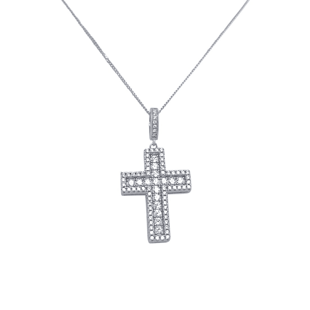 45cm Cubic Zirconia Halo Cross Pendant Necklace in Sterling Silver Pendants Bevilles 