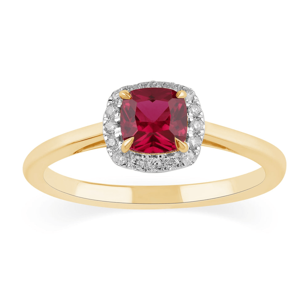 Halo Dress Ring with Created Ruby and 0.05tw of Diamonds in 9kt Yellow Gold Rings Bevilles 