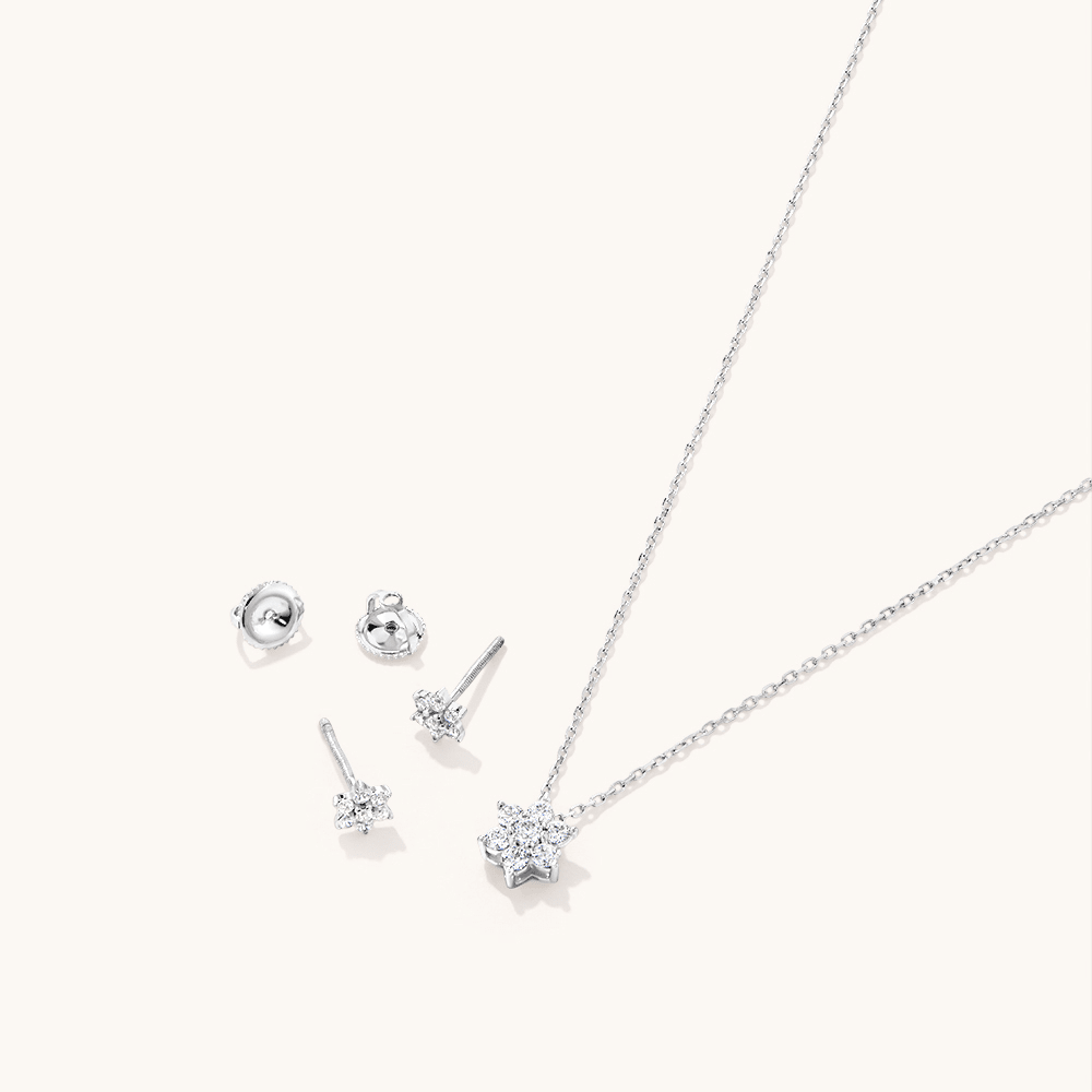 Flower Necklace and Stud Earrings Jewellery Set with Cubic Zirconia in Sterling Silver Bevilles 