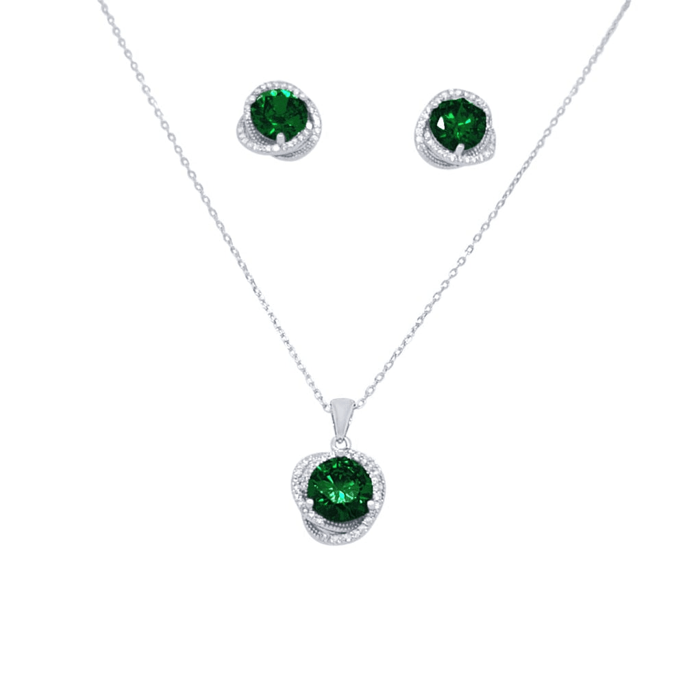 Dark Green Swirl Pendant Necklace and Stud Earrings Set with Cubic Zirconia in Sterling Silver Bevilles 