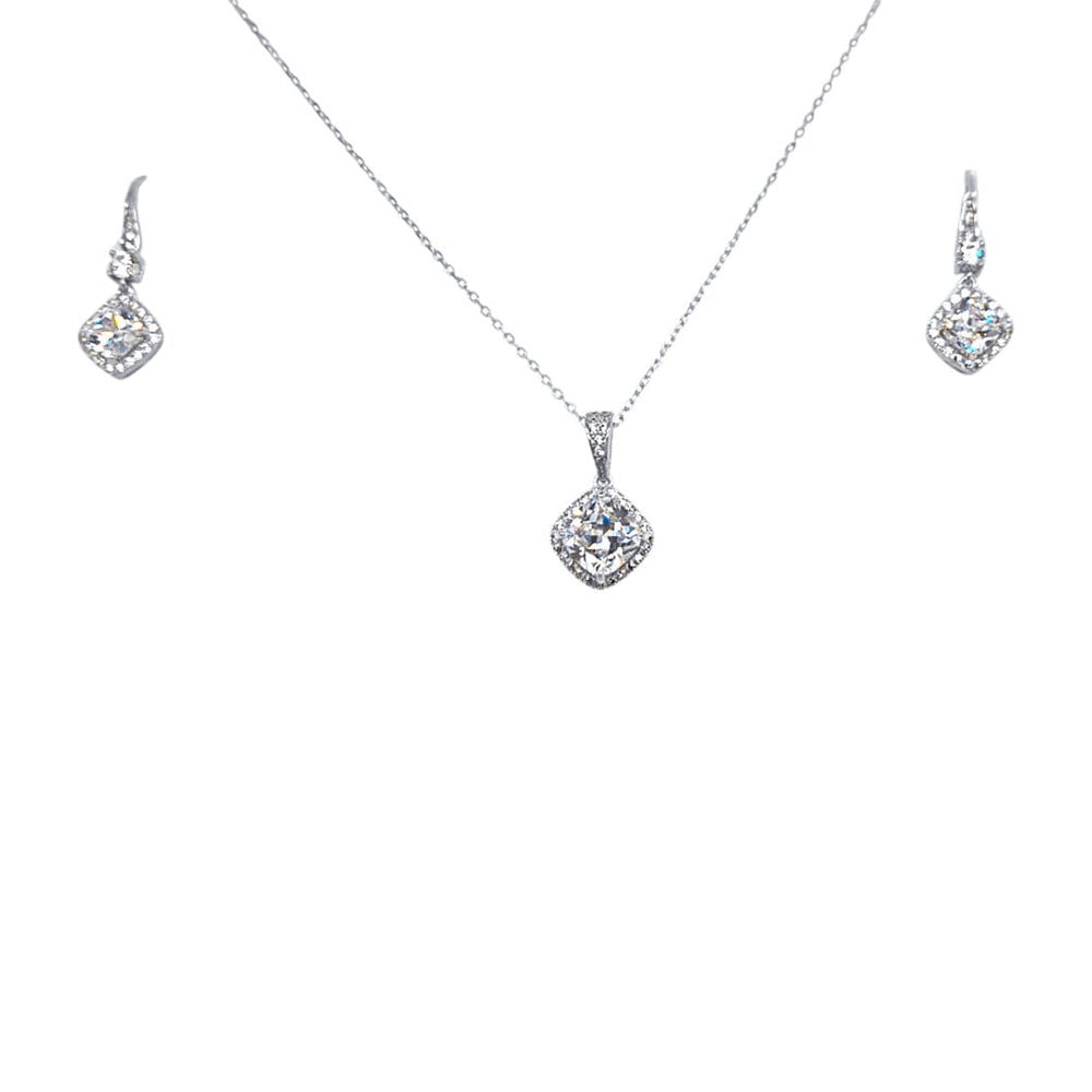 Cushion Shape Halo Cubic Zirconia Drop Earrings and Necklace Set in Sterling Silver Bevilles 